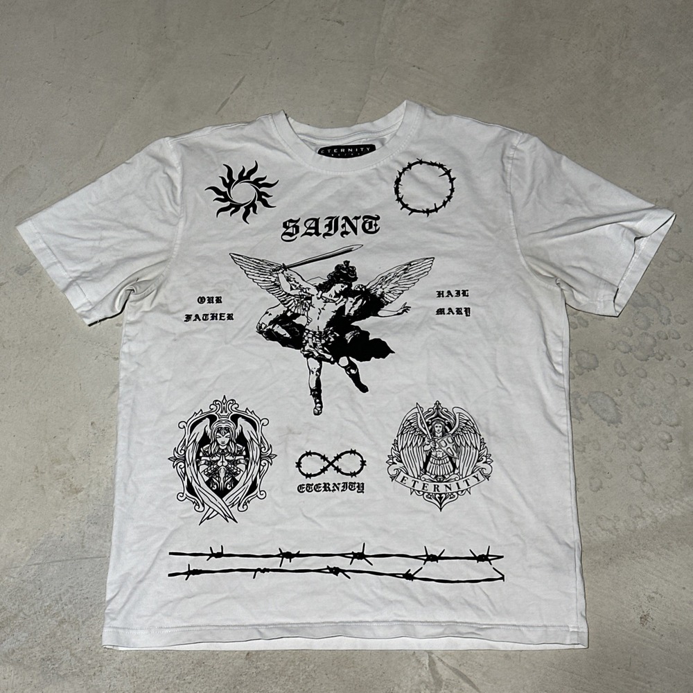 Eternity bc/ad Angel Devil Demon T Shirt White SZ L AOP Double Sided Streetwear